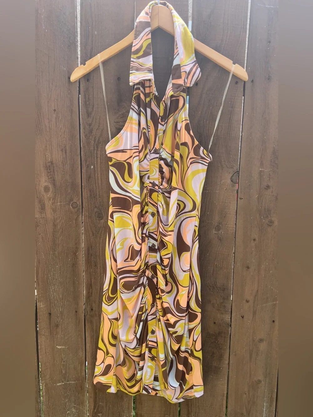 🌸Rue+ Y2K Retro Halter Dress Retro Swirl Print Ruched Front Open Back 1X - Picture 2 of 6